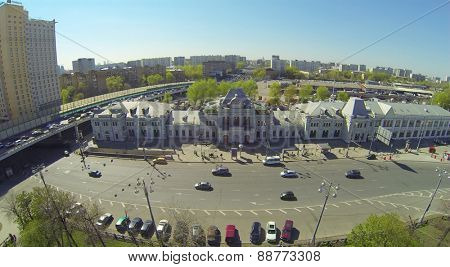 MOSCOW, RUSSIA - APRIL 26, 2014: City landscape with the building of the Rizhsky Railway Station, aerial view. The station building was constructed in 1897-1901 years