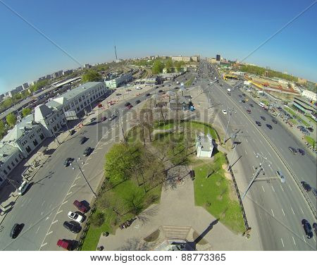 MOSCOW, RUSSIA - APRIL 26, 2014: Rizhskaya square with Rizhsky Railway Station and Prospekt Mira, aerial view