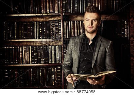Handsome well-dressed man stands by bookshelves in a room with classic interior. Fashion.
