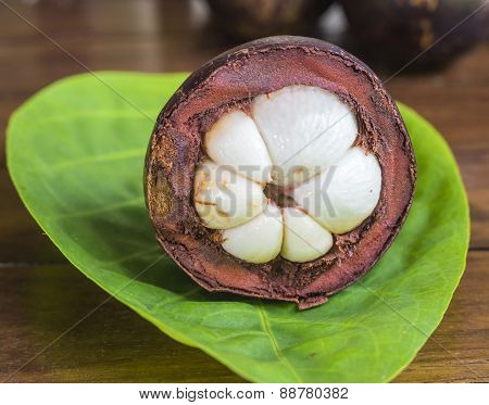 Single Mangostin And Fresh Green Leaf