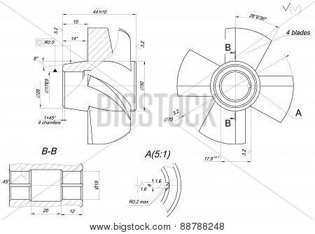 Engineering sketch of wheel with elements