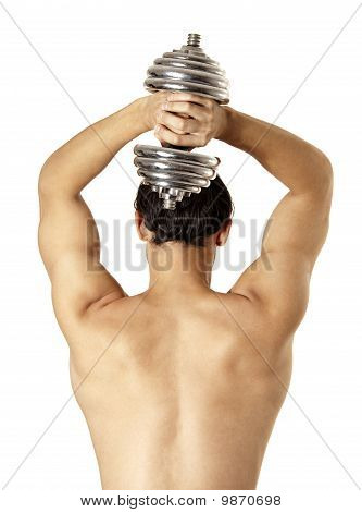 Genç güzel geri Muscleman ve Dumbbell