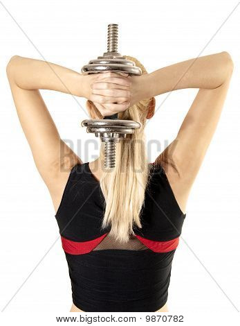 Genç Preety kadının sırt ve Dumbbell