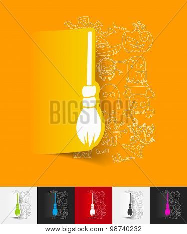 witch broom paper sticker with hand drawn elements