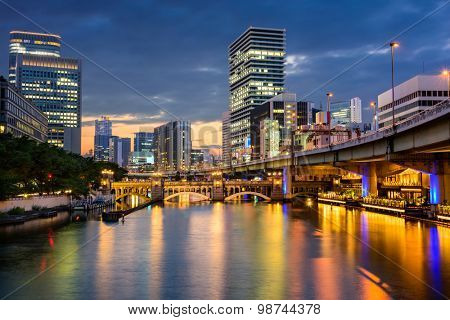 Osaka, Japan skyline over the Dojima river in the Nakanoshima district.