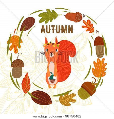 Vector Autumn Card With Wreath From Leaves And Acorns. Vintage Autumn Card With Cute Little Squirrel