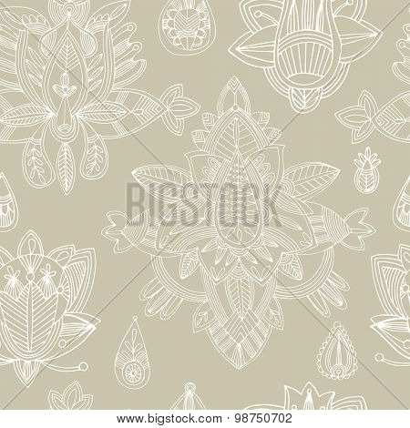 Seamless Floral Retro Background Pattern In Vector. Henna Paisley Mehndi Doodles Design Pattern.  -