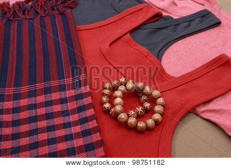 Colorful Shirts And Traditional Khmer Scarfs And Beads