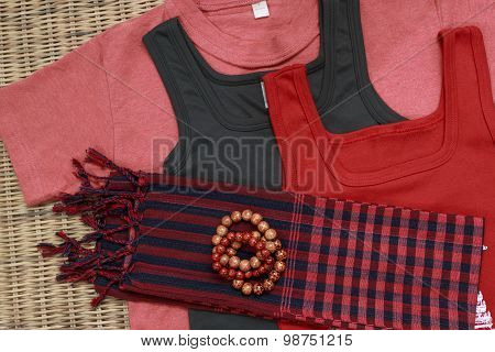 Colorful Shirts And Traditional Khmer Scarfs And Beads