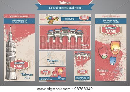 Large Set Of Banners, Greeting Cards, Business Cards Country Taiwan