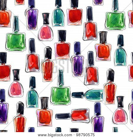 Bottles Of Nail Polish. Seamless Background Pattern