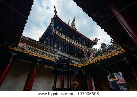 YUNLIN, TAIWAN - AUGUST 18, 2016 - Incense burner and courtyard at Beigang Chaotian Temple, one of Taiwan's most important Mazu temples