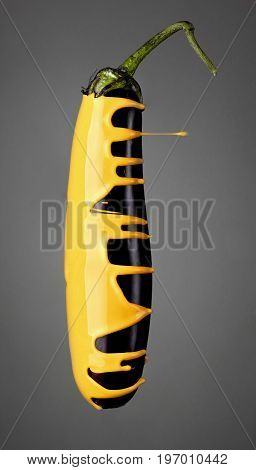 Eggplant With Pouring Yellow Paint On Gray Background. Fashion Food Concept.creative.