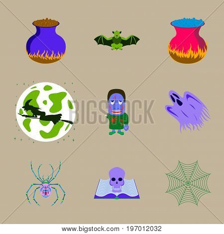 assembly of flat illustration halloween cauldron bat Full Moon witch zombie men