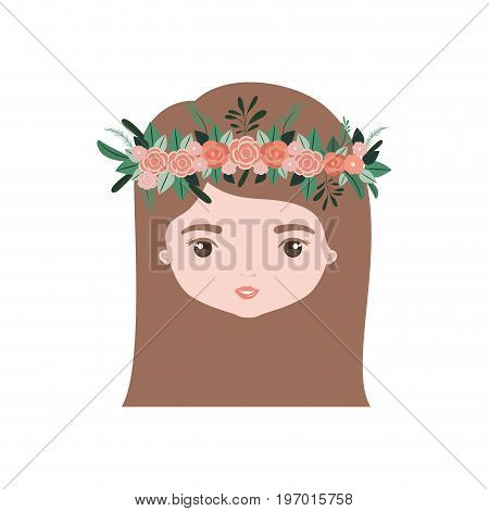 colorful caricature closeup front view face woman with straigh medium hairstyle and crown decorate with flowers vector illustration