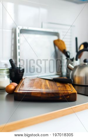 Chopping Board And Knife On Grey Table-top Kitchen