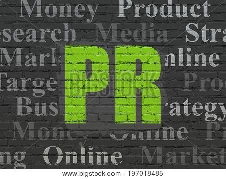 Advertising concept: Painted green text PR on Black Brick wall background with  Tag Cloud