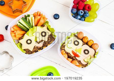 School lunch box for kids. Back to school. Top view