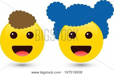 Vector illustration of two cute smiley yellow emoticons on white background. Set of volume emoji. Smile icons of boy and girl with hair and smile. Funny expressing social smileys