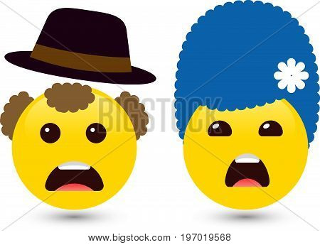 Vector illustration of two cute smiley yellow emoticons on white background. Very surprised icons of man with hat and woman with blue hair. Set of volume emoji. Funny expressing social smileys