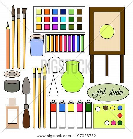 Vector set of drawn line art studio elements. Brushes palette knives vase oils tubes watercolor. Art school infographics.
