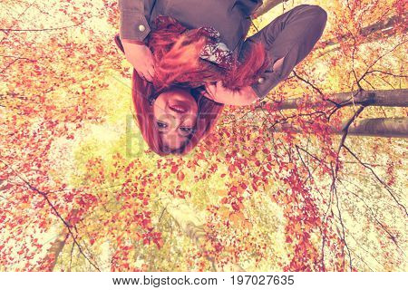 Leisure relax nature joy loud voice concept. Girl having fun in forest. Cheerful lady yelling screaming in autumnal woodland. Wide angle view