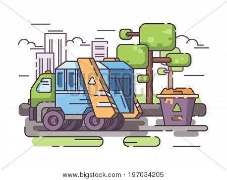 Truck garbage collect trash from container. Vector flat line illustration