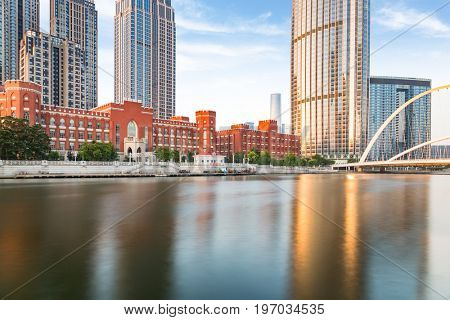 Tianjin city waterfront downtown skyline with Haihe river,China.