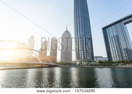 Tianjin city waterfront downtown skyline with Haihe river,China.