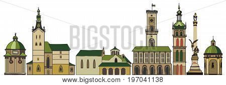 Cartoon retro city isolated. Lviv. Vector illustration.