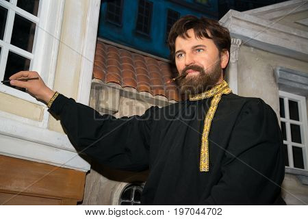 Prague, Czech republic, July 22, 2017: Alfonz Mucha in Grevin museum of the wax figures in Prague.