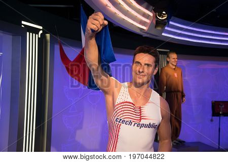 Prague, Czech republic, July 22, 2017: Roman Sebrle in Grevin museum of the wax figures in Prague.