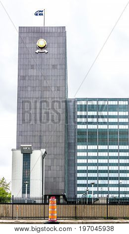 Montreal, Canada - May 26, 2017: Police Station Headquarters In City In Quebec Region During Rainy C