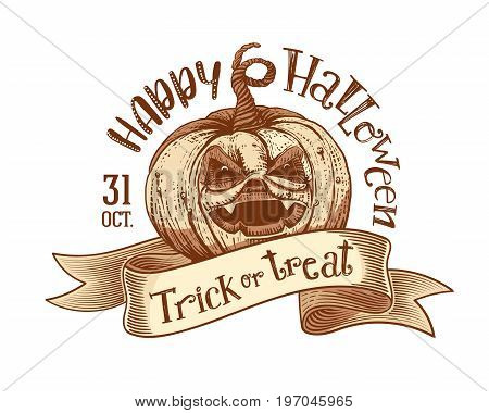 Trick or treat and Happy Halloweeen on engaved vintage tape with hand drawn pumpkin. Vector art. Unique design element for poster or banner. Halloween pumpkin and lettering. Sketch