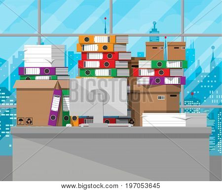 Pile of paper documents and file folders on office table. Carton boxes. Bureaucracy, paperwork, office. Cityscape. Vector illustration in flat style