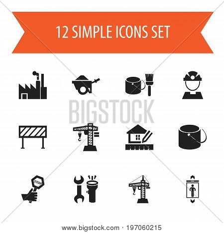 Set Of 12 Editable Building Icons. Includes Symbols Such As Trolley, Builder, Lifting Equipment And More
