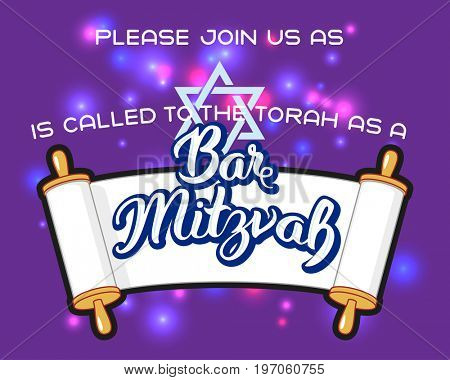 Bar Mitzvah party invitation, congratulation card. Holiday of coming of age Jewish rituals.