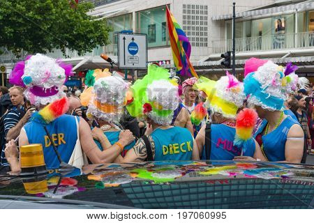 BERLIN GERMANY - JUNE 27 2015: Christopher Street Day (CSD). The annual European LGBT celebration and demonstration held in Berlin for the rights of LGBT people and against discrimination and exclusion.