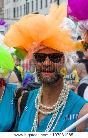 BERLIN GERMANY - JUNE 27 2015: Christopher Street Day (CSD). The annual European LGBT celebration and demonstration held in Berlin for the rights of LGBT people and against discrimination and exclusion.
