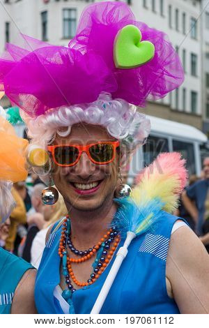 BERLIN GERMANY - JUNE 27 2015: Christopher Street Day (CSD). The annual European LGBT celebration and demonstration held in Berlin for the rights of LGBT people and against discrimination and exclusion.