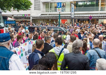 BERLIN GERMANY - JUNE 27 2015: Christopher Street Day (CSD). The annual European LGBT celebration and demonstration held in Berlin for the rights of LGBT people and against discrimination and exclusion.