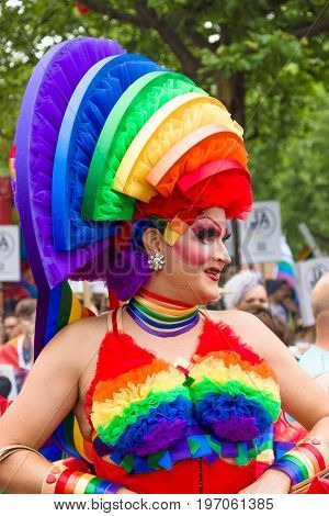 BERLIN GERMANY - JUNE 27 2015: Christopher Street Day (CSD). The annual European LGBT celebration and demonstration held in Berlin for the rights of LGBT people and against discrimination and exclusion.