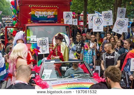 BERLIN GERMANY - JUNE 27 2015: Christopher Street Day (CSD). The annual European LGBT celebration and demonstration held in Berlin for the rights of LGBT people and against discrimination and exclusion.
