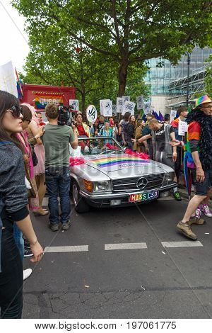 BERLIN GERMANY - JUNE 27 2015: Christopher Street Day (CSD). The annual European LGBT celebration and demonstration held in Berlin for the rights of LGBT people and against discrimination and exclusion.
