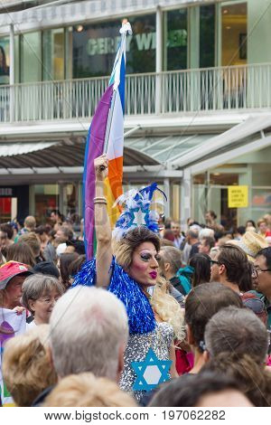 BERLIN GERMANY - JUNE 27 2015: Christopher Street Day (CSD). The annual European LGBT celebration and demonstration held in Berlin for the rights of LGBT people and against discrimination and exclusion.