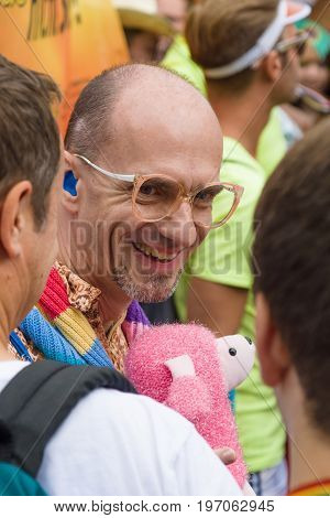 BERLIN GERMANY - JUNE 27 2015: Christopher Street Day (CSD). The annual European LGBT celebration and demonstration held in Berlin for the rights of LGBT people and against discrimination and exclusion.