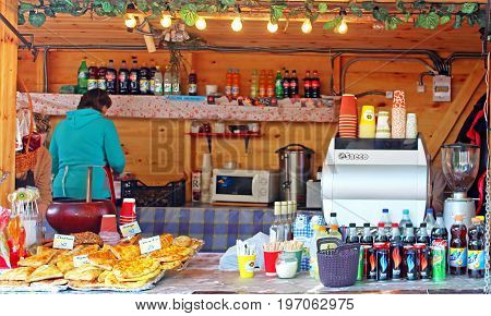 KYIV, UKRAINE -MAY 01, 2017: Food cout on sale of meal and drink located in Fan Zone of the international Eurovision Song Contest 2017 near Sofia square