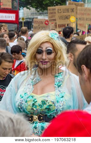 BERLIN GERMANY - JUNE 27 2015: Christopher Street Day (CSD). The annual European LGBT celebration and demonstration held in Berlin for the rights of LGBT people and against discrimination and exclusion.