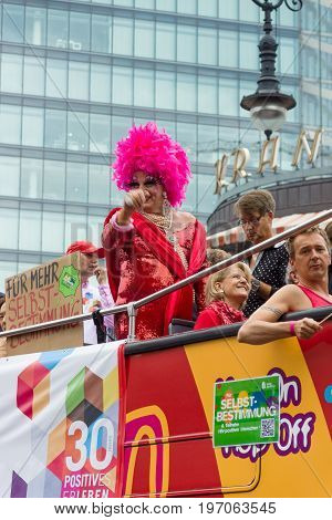 BERLIN GERMANY - JUNE 27 2015: Christopher Street Day (CSD). The annual European LGBT celebration and demonstration held in Berlin for the rights of LGBT people and against discrimination and exclusion.