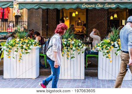 Montreal, Canada - May 27, 2017: Old Town Area With People Walking Street In Evening Outside Restaur